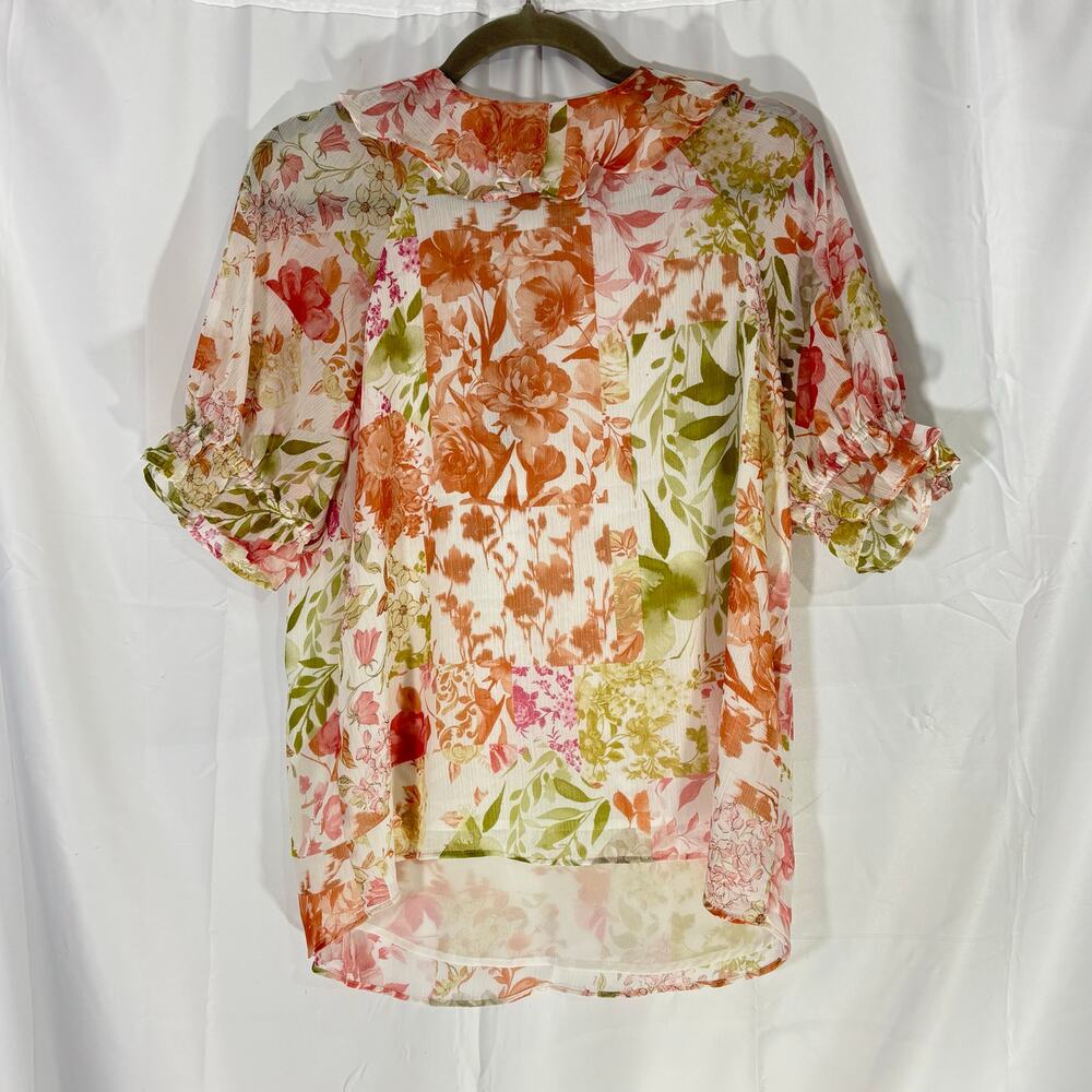 Joie Floral Sheer Blouse Medium | Ruffle Tie Neck Boho Lightweight Top - Picture 3 of 5